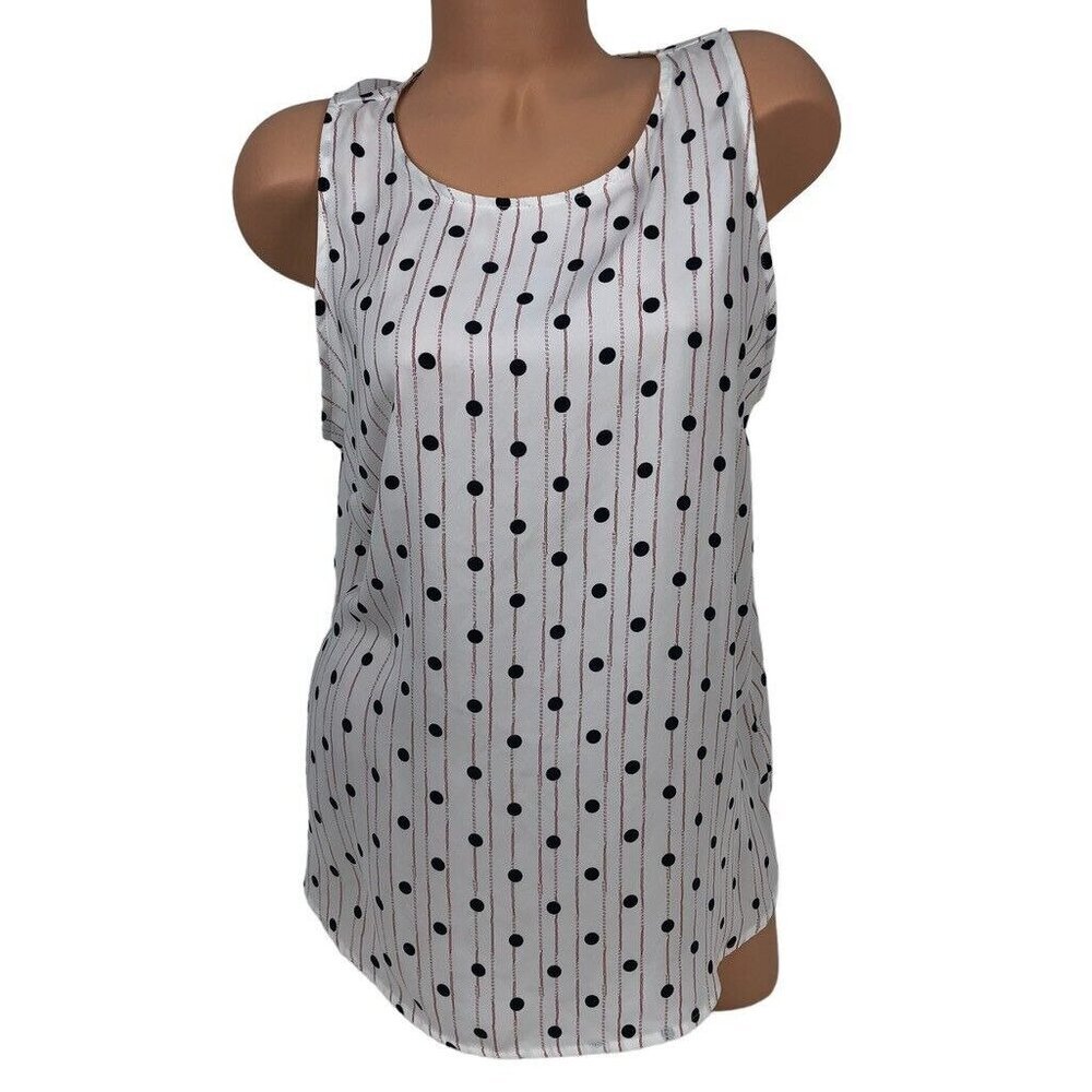 Dalia White Polka Dot Printed Sleeveless Top Blouse High Neck‎ Flowy Shirt XL